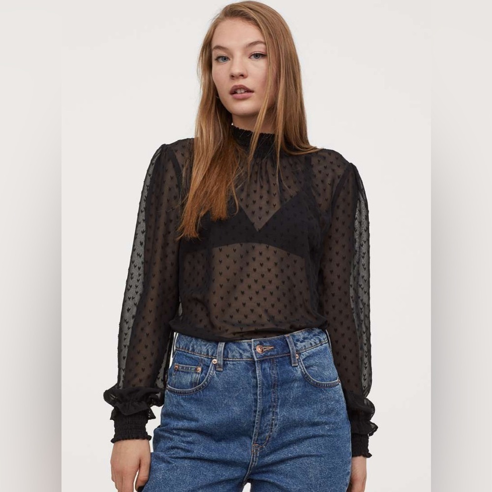 H&M Elegant Sheer Black Chiffon Blouse With Smocking and Textured Hearts Size 2